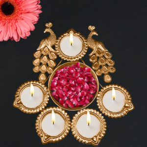 Brass Peacock 5 Diya Urli Bowl | Pooja & Home Decor Floating Brass Table Diya (Height: 1.3 inch)