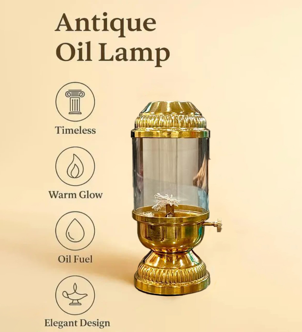 Brass Akhand Diya 250ml | Adjustable Wick & Glass Cover for Puja & Diwali (Height: 9.8 inch) - Image 3