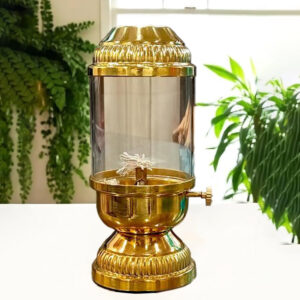 Brass Akhand Diya 250ml | Adjustable Wick & Glass Cover for Puja & Diwali (Height: 9.8 inch)