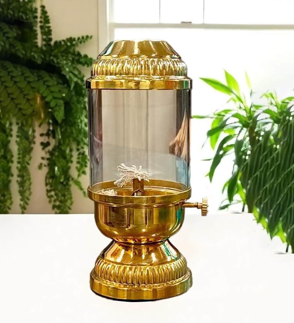Brass Akhand Diya 250ml | Adjustable Wick & Glass Cover for Puja & Diwali (Height: 9.8 inch)