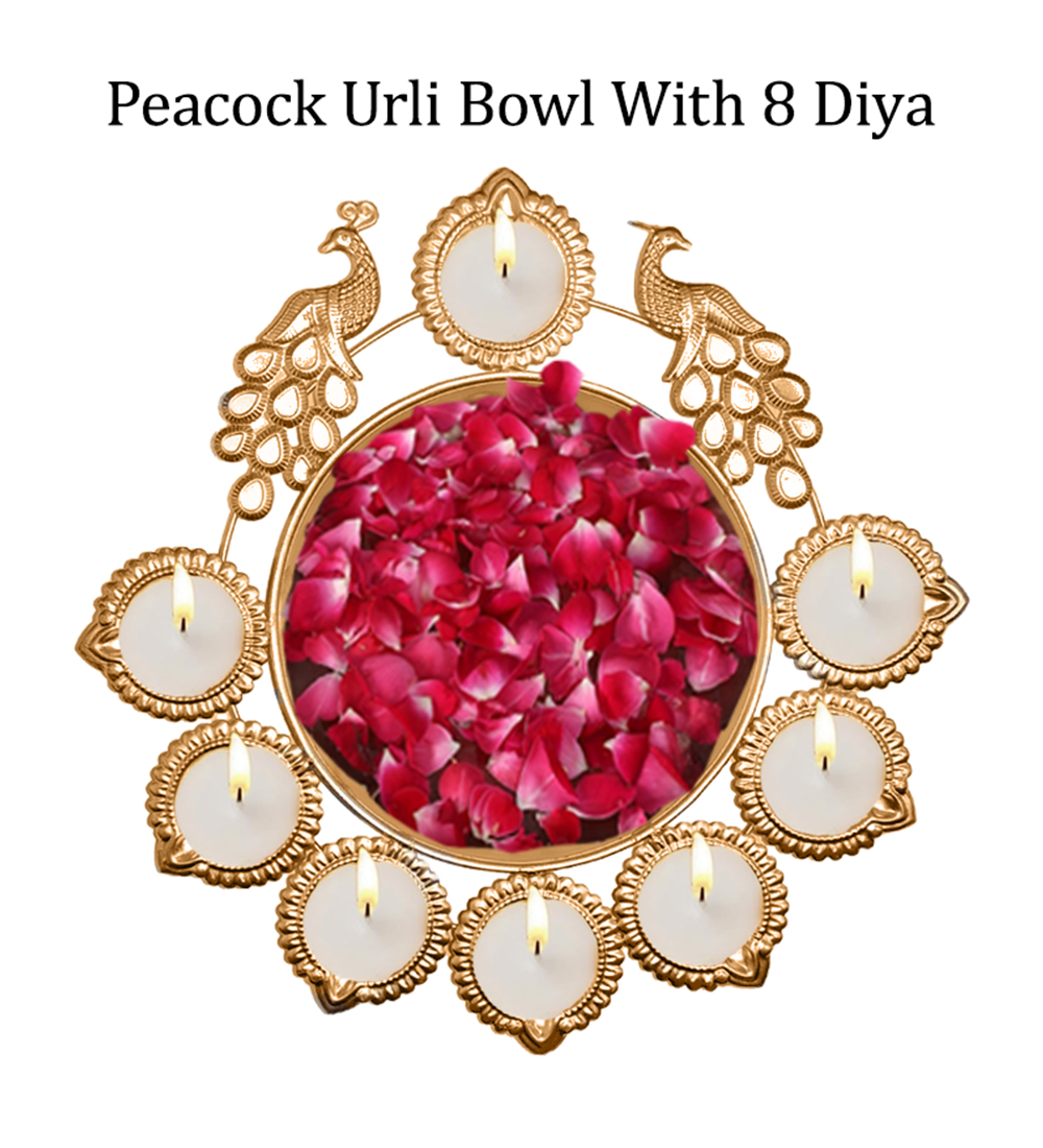 Brass Peacock 8 Diya Urli Bowl | Home Decor & Pooja Floating Brass Table Diya (Height: 1.9 inch) - Image 2