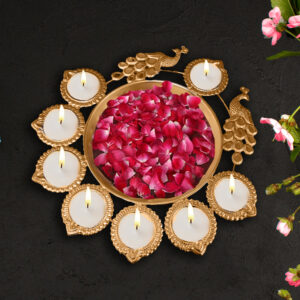 Brass Peacock 8 Diya Urli Bowl | Home Decor & Pooja Floating Brass Table Diya (Height: 1.9 inch)