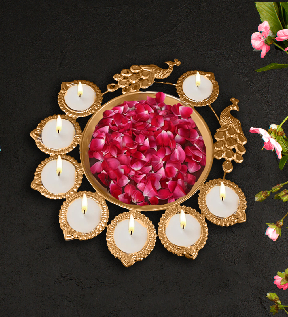 Brass Peacock 8 Diya Urli Bowl | Home Decor & Pooja Floating Brass Table Diya (Height: 1.9 inch)