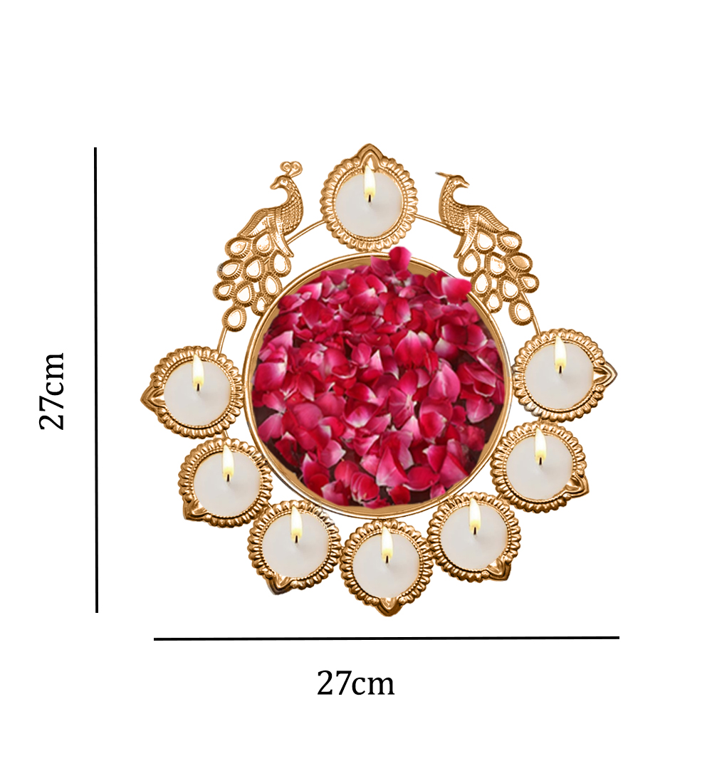 Brass Peacock 8 Diya Urli Bowl | Home Decor & Pooja Floating Brass Table Diya (Height: 1.9 inch) - Image 3