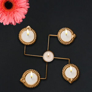 Brass Swastik Yantra with 4 Diyas – Single, Set of 2 & Set of 3 | Pooja & Home Decor Table Diya (Height: 1.5 inch)