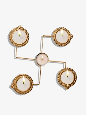 Brass Swastik Yantra with 4 Diyas – Single, Set of 2 & Set of 3 | Pooja & Home Decor Table Diya (Height: 1.5 inch)