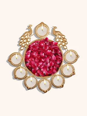 Brass Peacock 8 Diya Urli Bowl | Home Decor & Pooja Floating Brass Table Diya (Height: 1.9 inch)