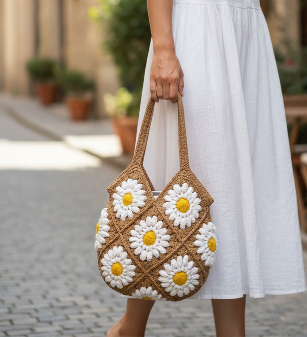 Handmade Crochet Daisy Bag – Brown, Purple & Green (50cm x 27cm) - Image 3