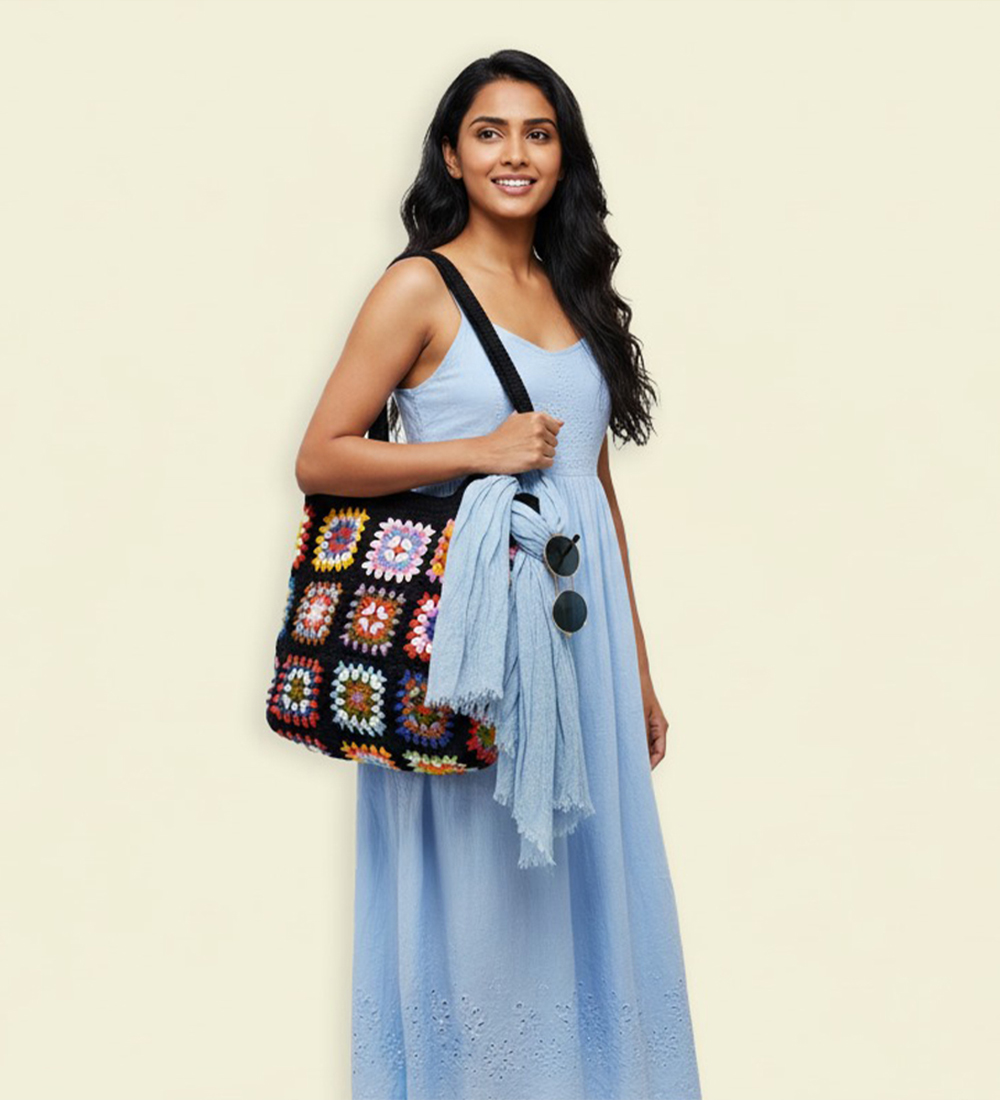 House n Goods Handcrafted Crochet Granny Square Tote Bag - Image 3