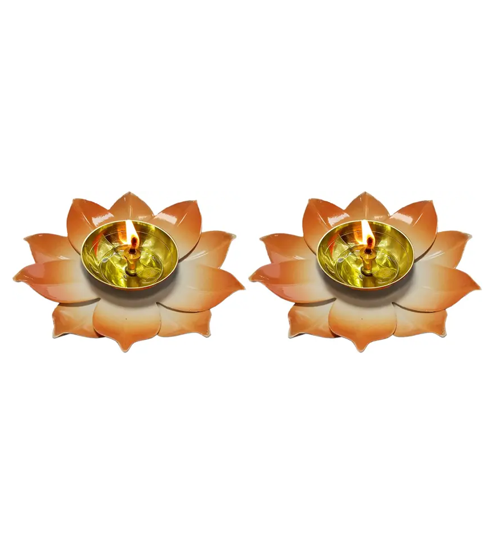 Lotus Blossom Decorative Brass Diya Set of 2 – Multicolor Festival Home Decor Lamp - Image 5
