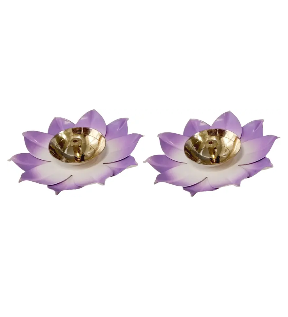 Lotus Blossom Decorative Brass Diya Set of 2 – Multicolor Festival Home Decor Lamp - Image 2