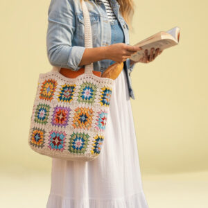House n Goods Colorful Crochet Tote Bag with Granny Square Pattern