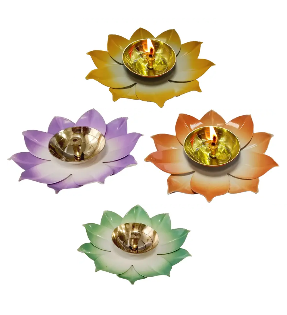 Lotus Blossom Decorative Brass Diya Set of 2 – Multicolor Festival Home Decor Lamp