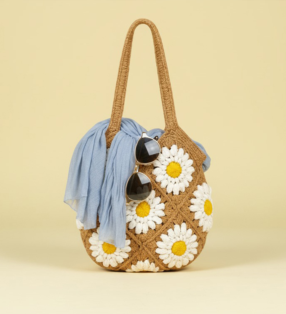 Handmade Crochet Daisy Bag – Brown, Purple & Green (50cm x 27cm) - Image 2