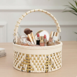 House n Goods Handwoven Macrame Basket with Gold Accents