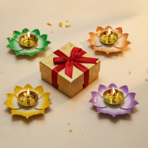 Lotus Blossom Decorative Brass Diya Set of 4 – Multicolor Festival Home Decor Lamps