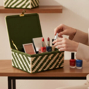 House n Goods Handwoven Green & Natural Zigzag Basket Box