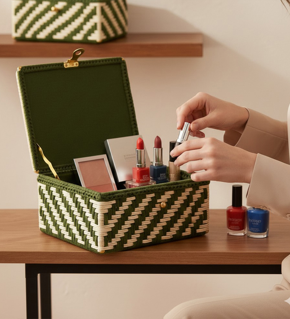 House n Goods Handwoven Green & Natural Zigzag Basket Box