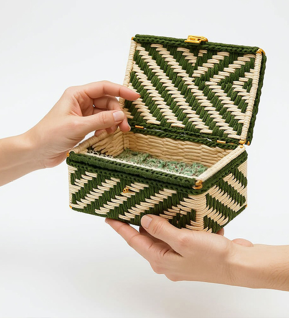 House n Goods Handwoven Green & Natural Zigzag Basket Box - Image 4
