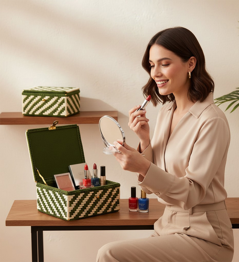 House n Goods Handwoven Green & Natural Zigzag Basket Box - Image 2