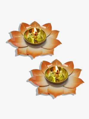 Lotus Blossom Decorative Brass Diya Set of 2 – Multicolor Festival Home Decor Lamp