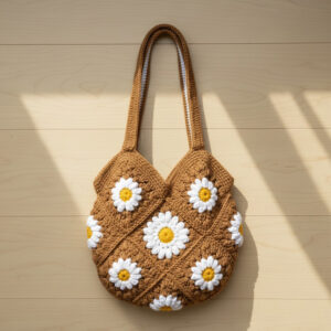 Handmade Crochet Daisy Bag – Brown, Purple & Green (50cm x 27cm)