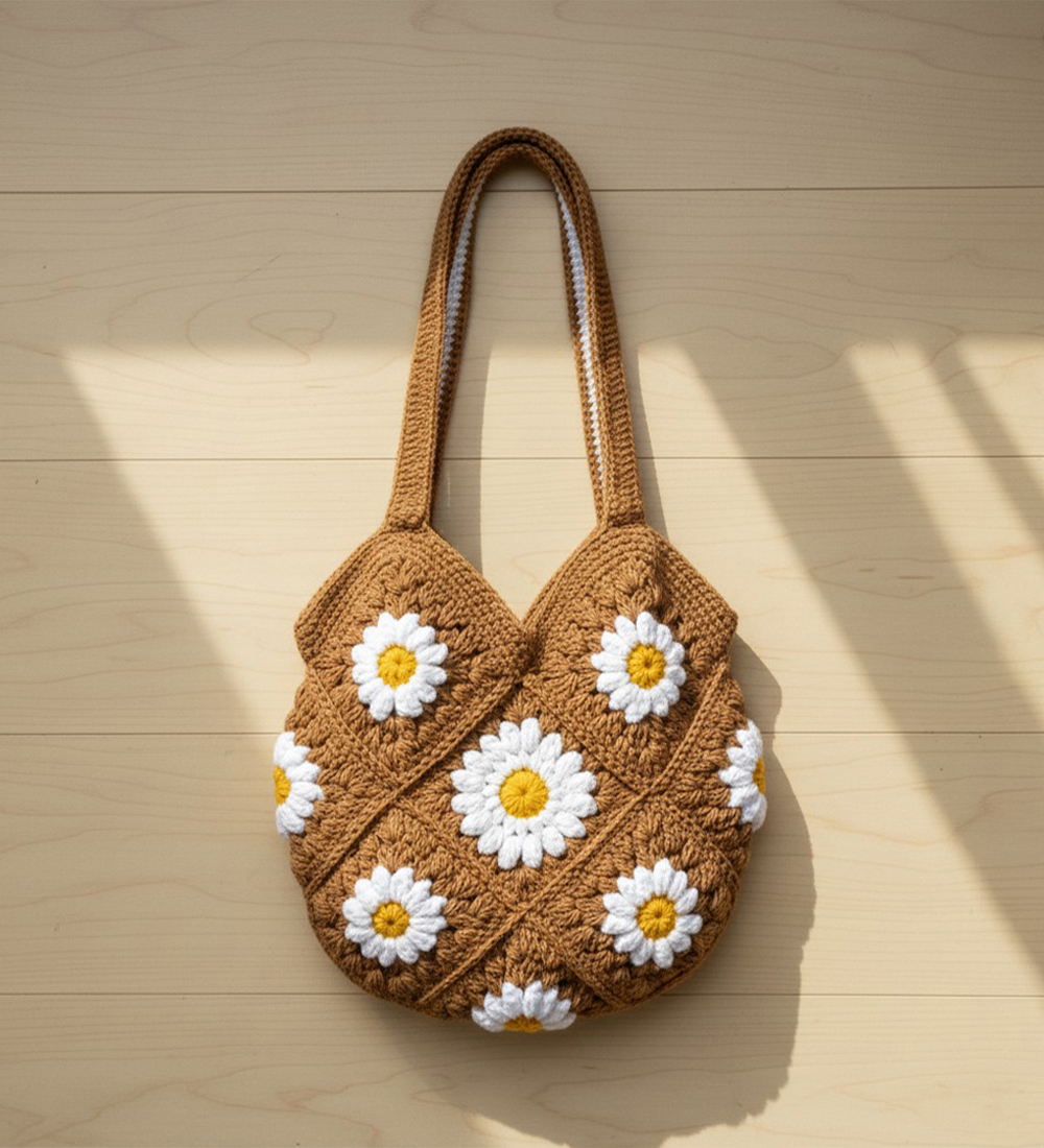 Handmade Crochet Daisy Bag – Brown, Purple & Green (50cm x 27cm)