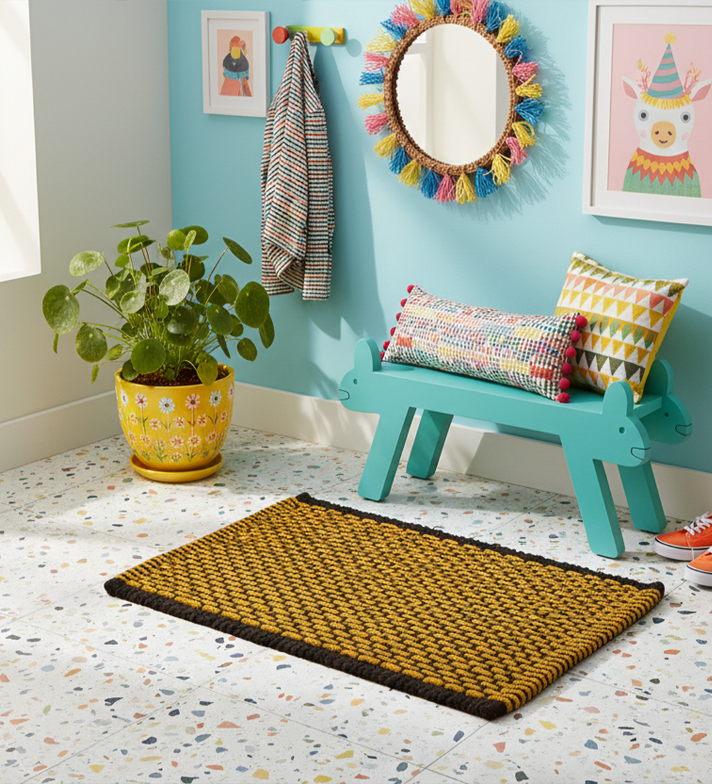 Poly Cotton Woven Door Mat – Mustard & Brown Pattern (16”x24”)