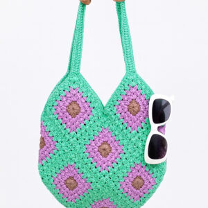 Handmade Crochet Diamond Tote Bag – Mint Green, Lavender & Natural | House n Goods