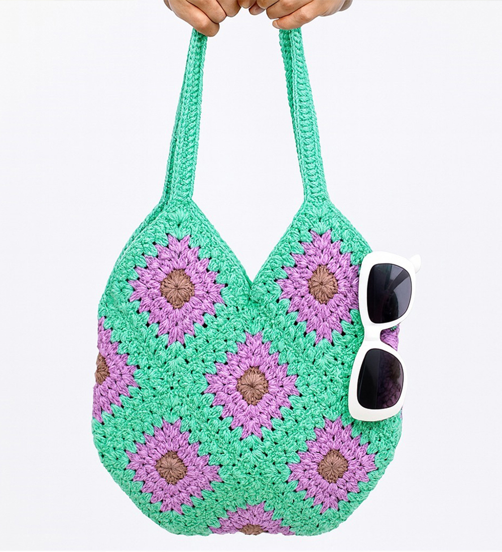 Handmade Crochet Diamond Tote Bag – Mint Green, Lavender & Natural | House n Goods