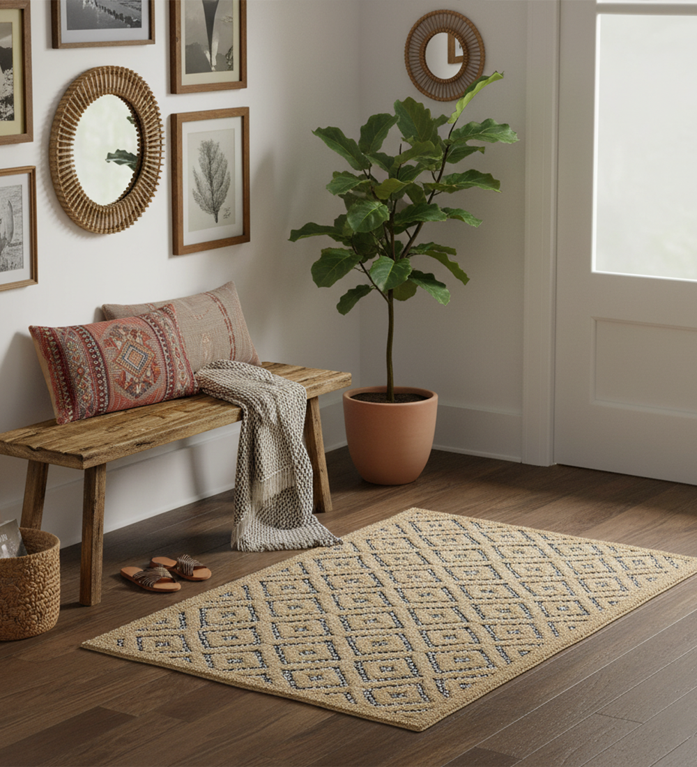 Poly Cotton Woven Diamond Door Mat – Jute Beige with Black & White Border (16”x24”) - Image 3