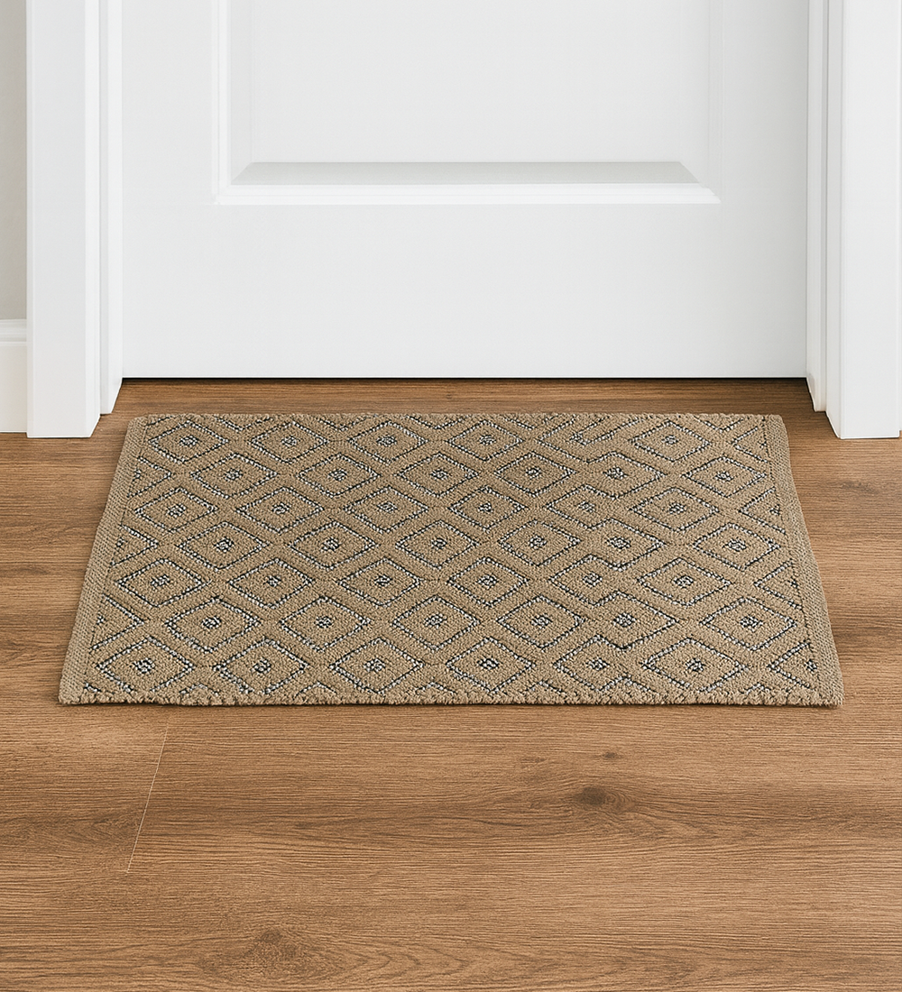 Poly Cotton Woven Diamond Door Mat – Jute Beige with Black & White Border (16”x24”)