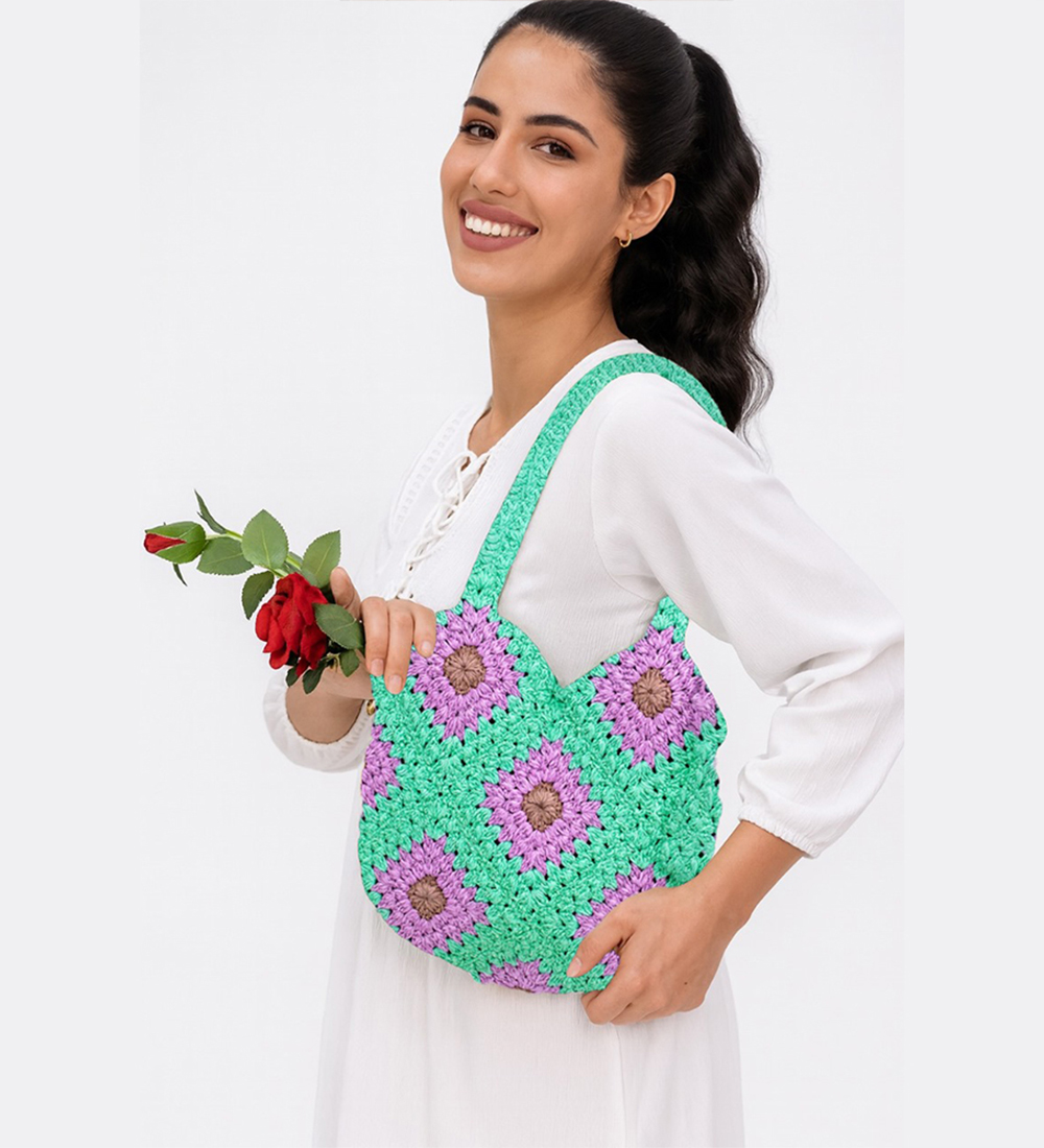 Handmade Crochet Diamond Tote Bag – Mint Green, Lavender & Natural | House n Goods - Image 2