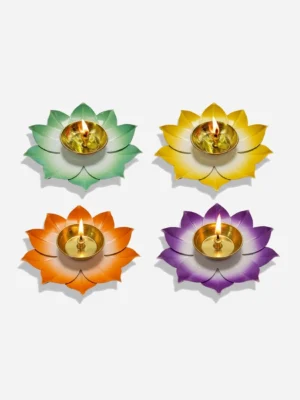 Lotus Blossom Decorative Brass Diya Set of 4 – Multicolor Festival Home Decor Lamps