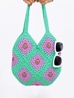 Handmade Crochet Diamond Tote Bag – Mint Green, Lavender & Natural | House n Goods