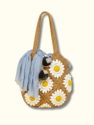 Handmade Crochet Daisy Bag – Brown, Purple & Green (50cm x 27cm)
