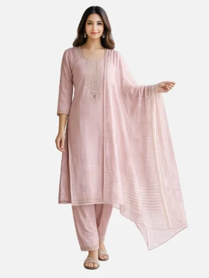 Khadi Cotton Embroidered Kurta Set with Dupatta – Blush Pink