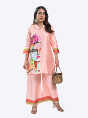 Vatican Figure Print Cotton Co-Ord Set for Women – Kurta & Palazzo (Peach)