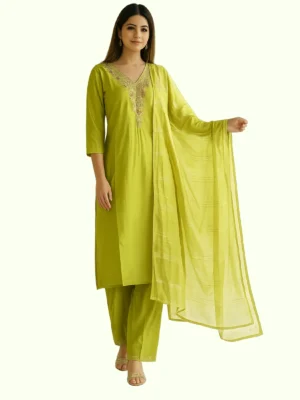 Khadi Cotton Embroidered Kurta Set with Dupatta – Olive Green
