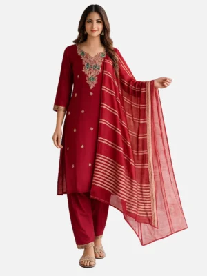 Khadi Cotton Embroidered Kurta Set with Dupatta – Maroon