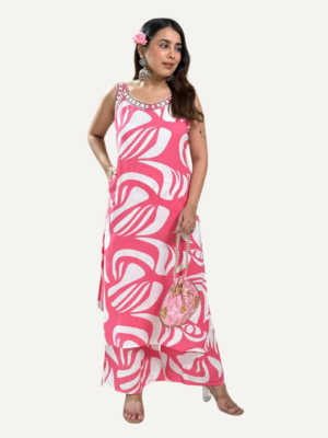 Rayon A-Line Cord Set with Work – Pink & White