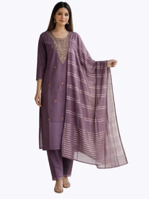 Khadi Cotton Embroidered Kurta Set with Dupatta – Mauve Purple