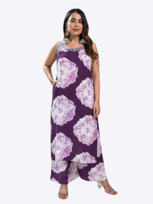 Rayon A-Line Printed Cord Set with Work – Purple Floral