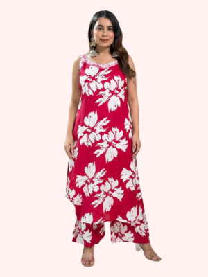 Rayon A-Line Printed Cord Set with Work – Red Floral