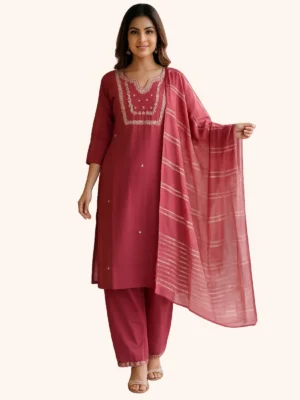 Khadi Cotton Embroidered Kurta Set with Dupatta – Deep Rose