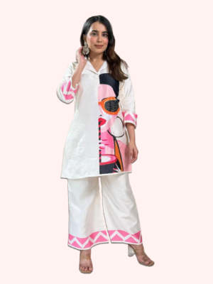 Vatican Figure Print Cotton Co-Ord Set for Women – Kurta & Palazzo (White & Pink)
