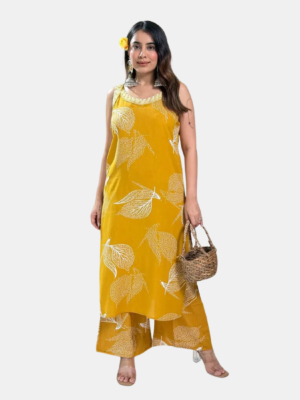 Rayon A-Line Printed Cord Set with Work – Mustard Yellow