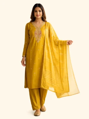 Khadi Cotton Embroidered Kurta Set with Dupatta – Mustard Yellow