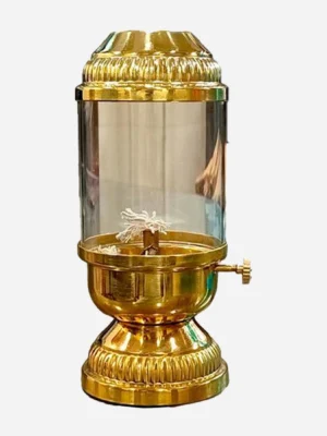 Brass Akhand Diya 250ml | Adjustable Wick & Glass Cover for Puja & Diwali (Height: 9.8 inch)