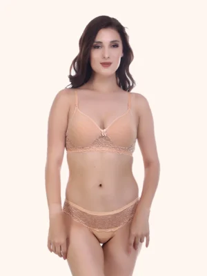 Women’s Peach Nude Lace Bra & Panty Set of Three – Soft, Stylish & Everyday Comfort Innerwear